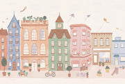 Whimsical Urban Wallpaper Pastel Buildings Wall Mural design