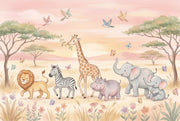 Safari Animals Wallpaper Pastel Cartoon Wall Mural design