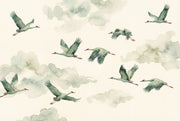 Shades Of Green Wallpaper Flying Birds Watercolor Wall Decor design