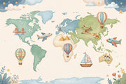World Map Wallpaper Airplane Balloon Wall Mural design