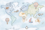 World Map Wallpaper Hot Air Balloons Whimsical Wall Mural design
