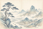 East Asian Landscape Wallpaper Ink Wash Painting Misty Mountains Wall Mural design