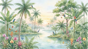 Tropical Landscape Wallpaper Watercolor Lush Green Foliage Wall Mural design