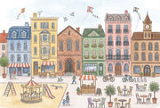 Pastel Cityscape Wallpaper European Townhouses Street Market Removable Wall Decor design