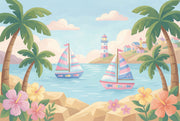 Bright Coastal Landscape Wallpaper Tropical Palms Pastel Sailboats Wall Mural design