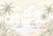 Tropical Coastal Landscape Wallpaper Palm Trees Sailboats Removable Wall Decor design