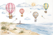 Coastal Landscape Wallpaper Watercolor Hot Air Balloons Wall Mural design