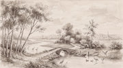 Sepia Landscape Wallpaper Toile Illustration River Scene Wall Mural design