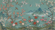 Teal Background Wallpaper Cherry Blossom Branches Vintage Mural Wall Mural design