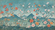 Floral Landscape Mural Wallpaper Teal Blue Background Removable Layered Mountains Wall Decor design