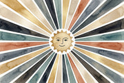Sun Face Wallpaper Starburst Rays Watercolor Wash Wall Mural design