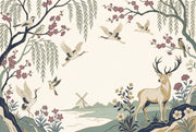 Pastoral Landscape Wallpaper Stag Deer Cranes Birds Wall Mural design