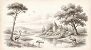 Vintage Illustration Wallpaper Landscape River Wall Mural design