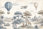 Whimsical Landscape Wallpaper Watercolor Hot Air Balloons Wall Mural design