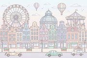Pastel Cityscape Wallpaper European Townhouses Removable Ferris Wheel Wall Decor design