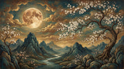 Dark Moonlit Landscape Wallpaper Full Moon Removable Mountains And River Wall Decor design