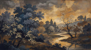Dark Landscape Wallpaper Winding River Flowering Trees Removable Wall Decor design