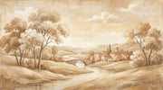 Pastoral Landscape Wallpaper Sepia Countryside Winding River Wall Mural design