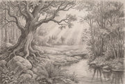 Woodland Landscape Wallpaper Pencil Sketch Stream Wall Mural design