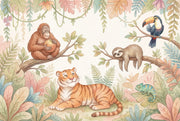 Tropical Jungle Wallpaper Watercolor Animals Pastel Foliage Removable Wall Decor design