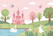 Pastel Fairytale Wallpaper Pink Castle Storybook Landscape Wall Mural design