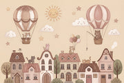 Storybook Village Wallpaper Hot Air Balloons Whimsical Removable Wall Decor design