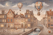 European Canal Town Wallpaper Watercolor Illustration Hot Air Balloons Removable Wall Decor design