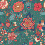 Teal Bohemian Jungle Animal and Floral Wallpaper design