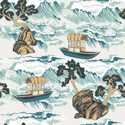 Cream Teal Japanese Landscape Art Wallpaper design