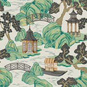 Cream and Green Chinoiserie Landscape Wallpaper design