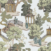 White and Green Chinoiserie Landscape Wallpaper design